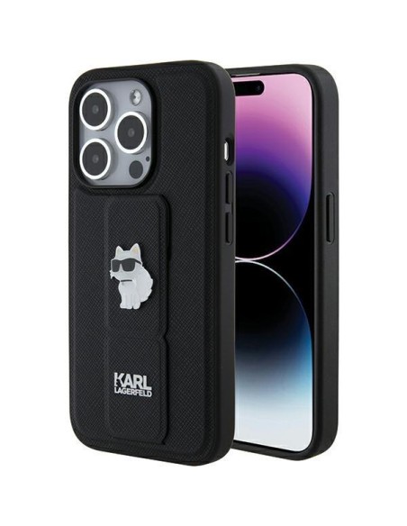 Etui Karl Lagerfeld Gripstand Saffiano Choupette Pins na iPhone 15 Pro Max - czarne Etui Karl Lagerfeld Gripstand Saffiano Choupette Pins na iPhone 15 Pro Max - czarne