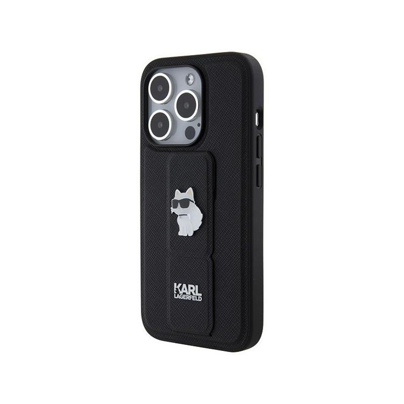 Etui Karl Lagerfeld Gripstand Saffiano Choupette Pins na iPhone 15 Pro Max - czarne