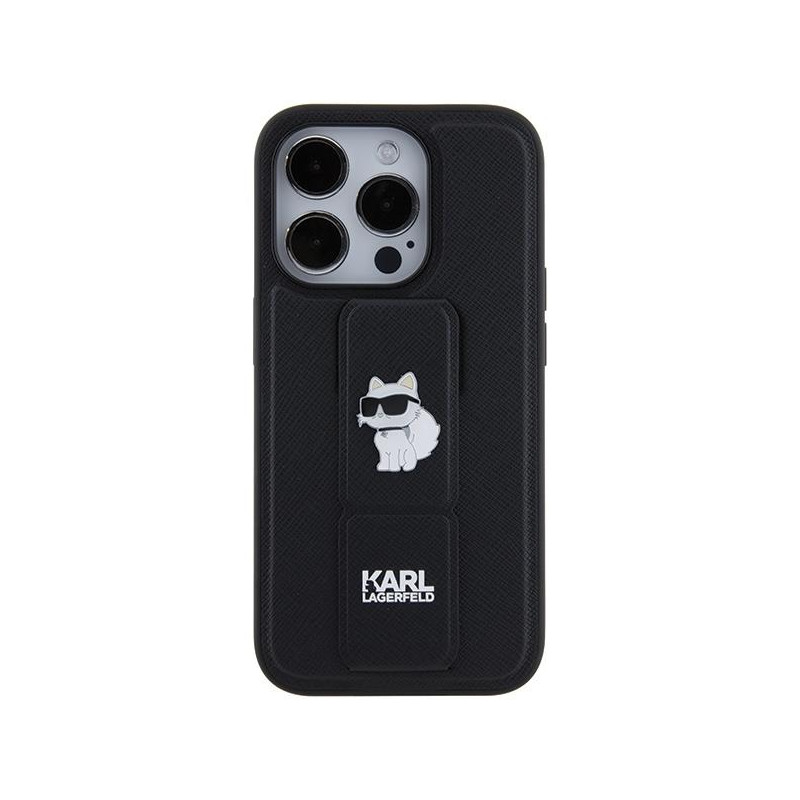 Etui Karl Lagerfeld Gripstand Saffiano Choupette Pins na iPhone 15 Pro Max - czarne