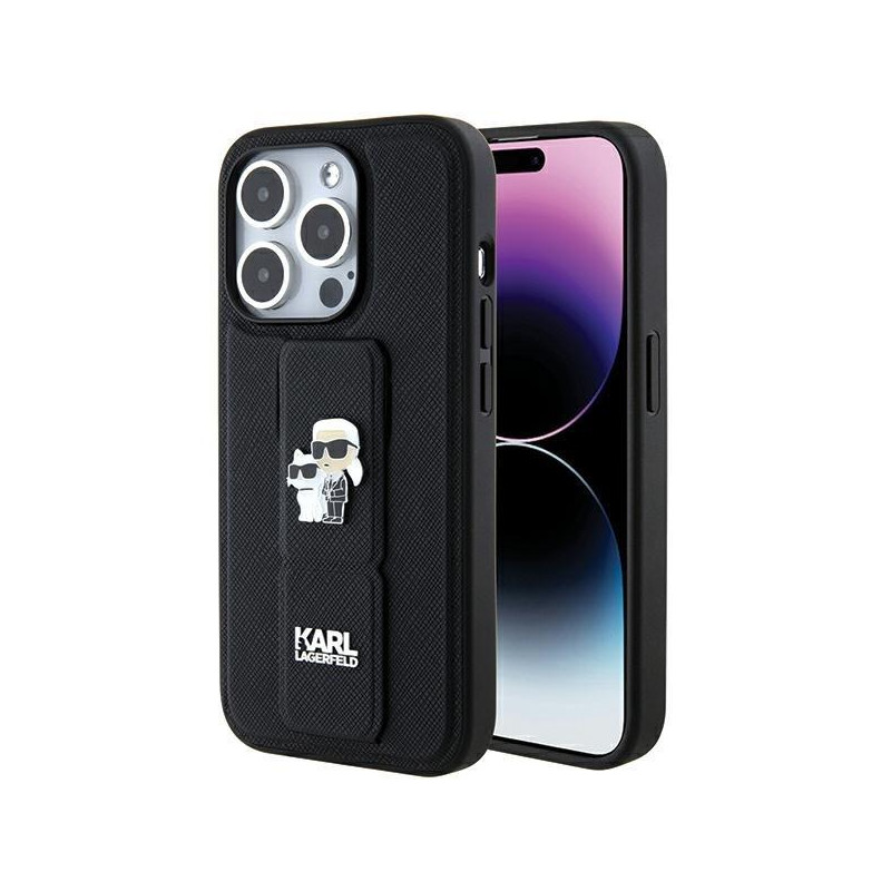 Etui Karl Lagerfeld Gripstand Saffiano Karl&Choupette Pins na iPhone 15 Pro Max - czarne Etui Karl Lagerfeld Gripstand Saffiano Karl&Choupette Pins na iPhone 15 Pro Max - czarne