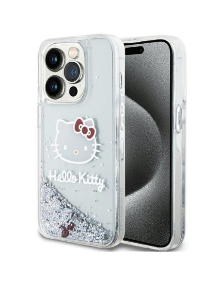 Etui Hello Kitty Liquid Glitter Charms Kitty Head na iPhone 13 Pro Max - srebrne Etui Hello Kitty Liquid Glitter Charms Kitty Head na iPhone 13 Pro Max - srebrne