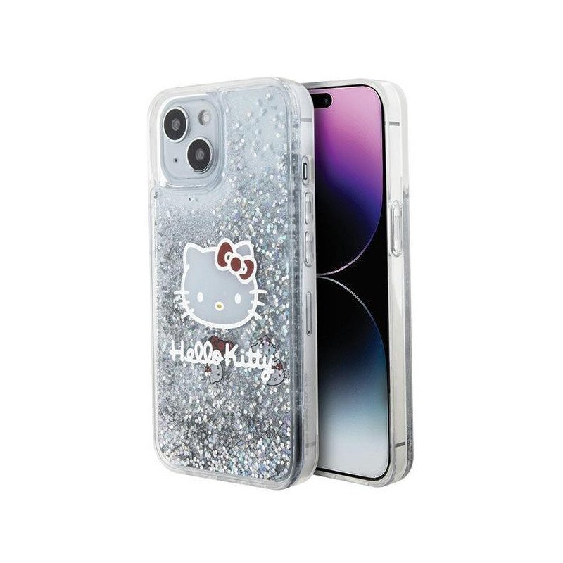 Etui Hello Kitty Liquid Glitter Charms Kitty Head na iPhone 14 - srebrne Etui Hello Kitty Liquid Glitter Charms Kitty Head na iPhone 14 - srebrne