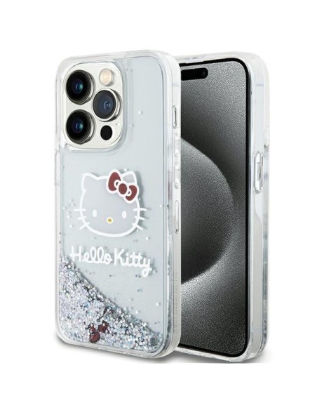 Etui Hello Kitty Liquid Glitter Charms Kitty Head na iPhone 15 Pro - srebrne Etui Hello Kitty Liquid Glitter Charms Kitty Head na iPhone 15 Pro - srebrne