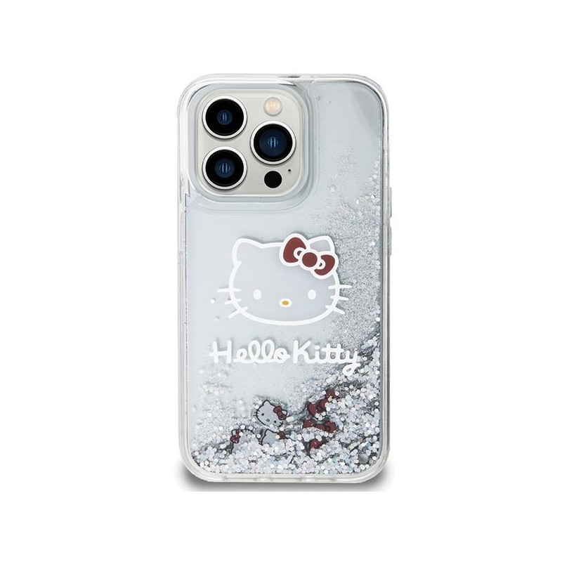 Etui Hello Kitty Liquid Glitter Charms Kitty Head na iPhone 15 Pro - srebrne