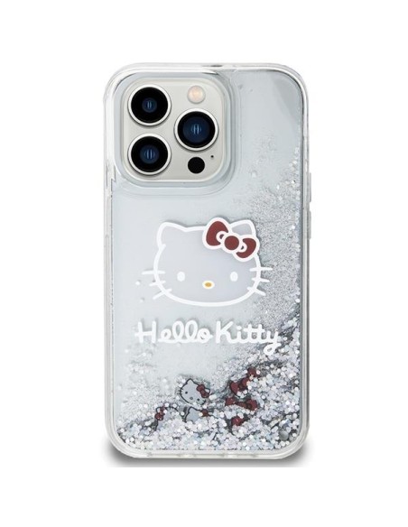 Etui Hello Kitty Liquid Glitter Charms Kitty Head na iPhone 15 Pro - srebrne Etui Hello Kitty Liquid Glitter Charms Kitty Head na iPhone 15 Pro - srebrne