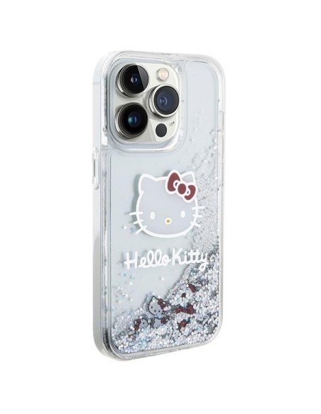 Etui Hello Kitty Liquid Glitter Charms Kitty Head na iPhone 15 Pro - srebrne Etui Hello Kitty Liquid Glitter Charms Kitty Head na iPhone 15 Pro - srebrne