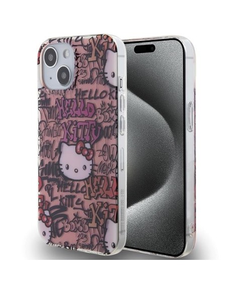 Etui Hello Kitty IML Tags Graffiti na iPhone 15 - różowe Etui Hello Kitty IML Tags Graffiti na iPhone 15 - różowe