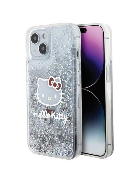 Etui Hello Kitty Liquid Glitter Charms Kitty Head na iPhone 15 - srebrne Etui Hello Kitty Liquid Glitter Charms Kitty Head na iPhone 15 - srebrne