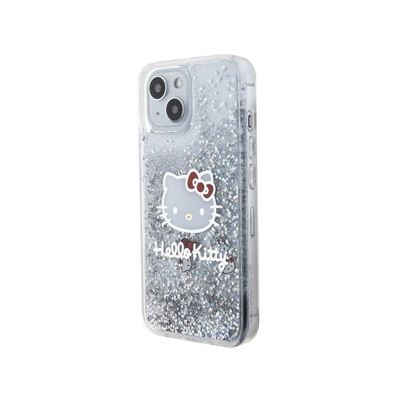 Etui Hello Kitty Liquid Glitter Charms Kitty Head na iPhone 15 - srebrne