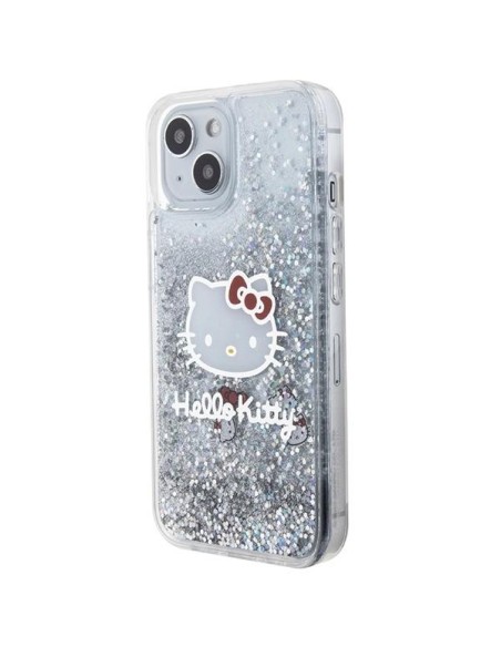 Etui Hello Kitty Liquid Glitter Charms Kitty Head na iPhone 15 - srebrne Etui Hello Kitty Liquid Glitter Charms Kitty Head na iPhone 15 - srebrne