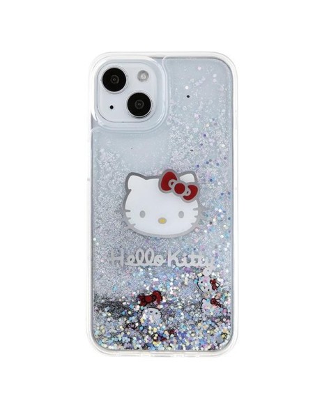 Etui Hello Kitty Liquid Glitter Charms Kitty Head na iPhone 15 - srebrne Etui Hello Kitty Liquid Glitter Charms Kitty Head na iPhone 15 - srebrne