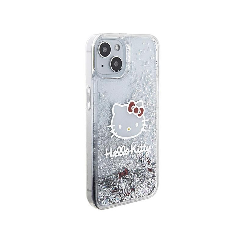 Etui Hello Kitty Liquid Glitter Charms Kitty Head na iPhone 15 - srebrne
