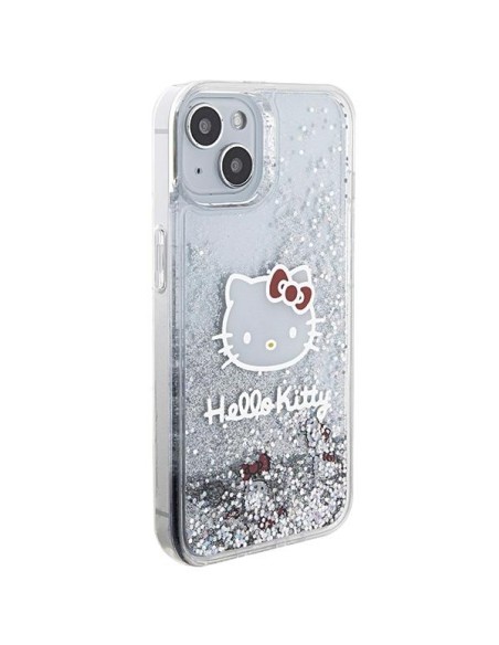 Etui Hello Kitty Liquid Glitter Charms Kitty Head na iPhone 15 - srebrne Etui Hello Kitty Liquid Glitter Charms Kitty Head na iPhone 15 - srebrne