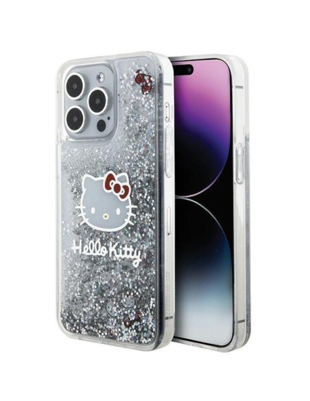 Etui Hello Kitty Liquid Glitter Charms Kitty Head na iPhone 15 Pro Max - srebrne Etui Hello Kitty Liquid Glitter Charms Kitty Head na iPhone 15 Pro Max - srebrne