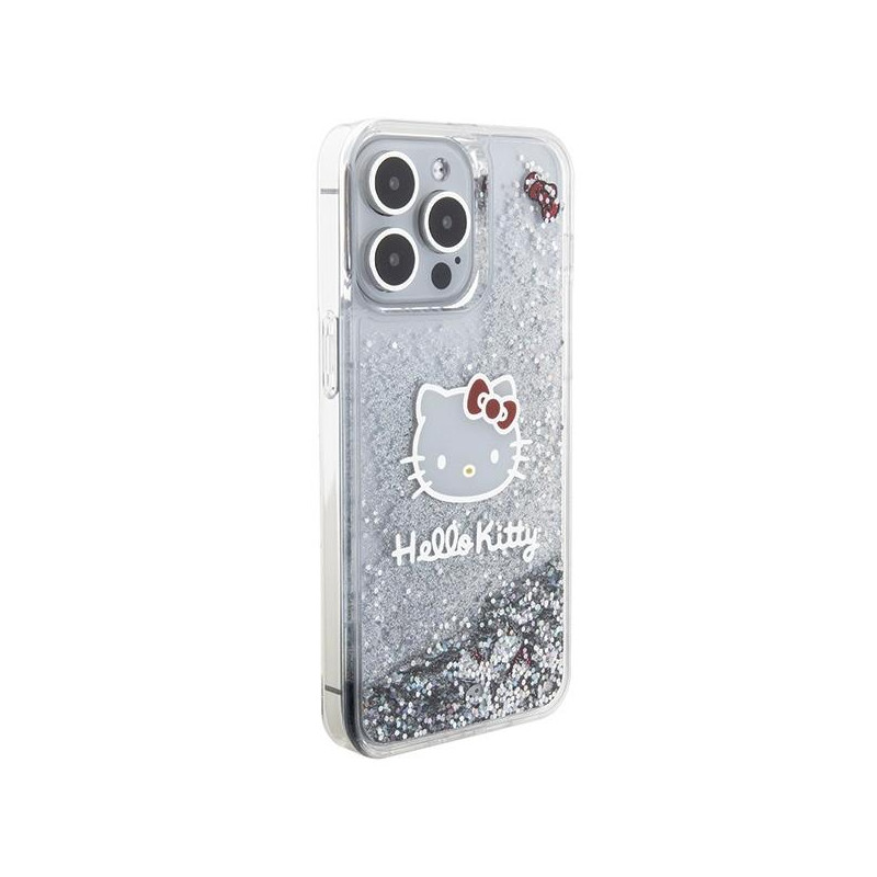 Etui Hello Kitty Liquid Glitter Charms Kitty Head na iPhone 15 Pro Max - srebrne