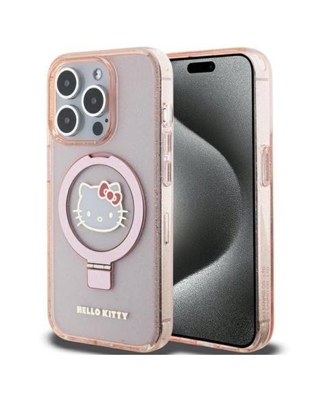 Etui Hello Kitty Ring Stand Glitter Electrop Logo MagSafe na iPhone 15 Pro - różowe Etui Hello Kitty Ring Stand Glitter Electrop Logo MagSafe na iPhone 15 Pro - różowe