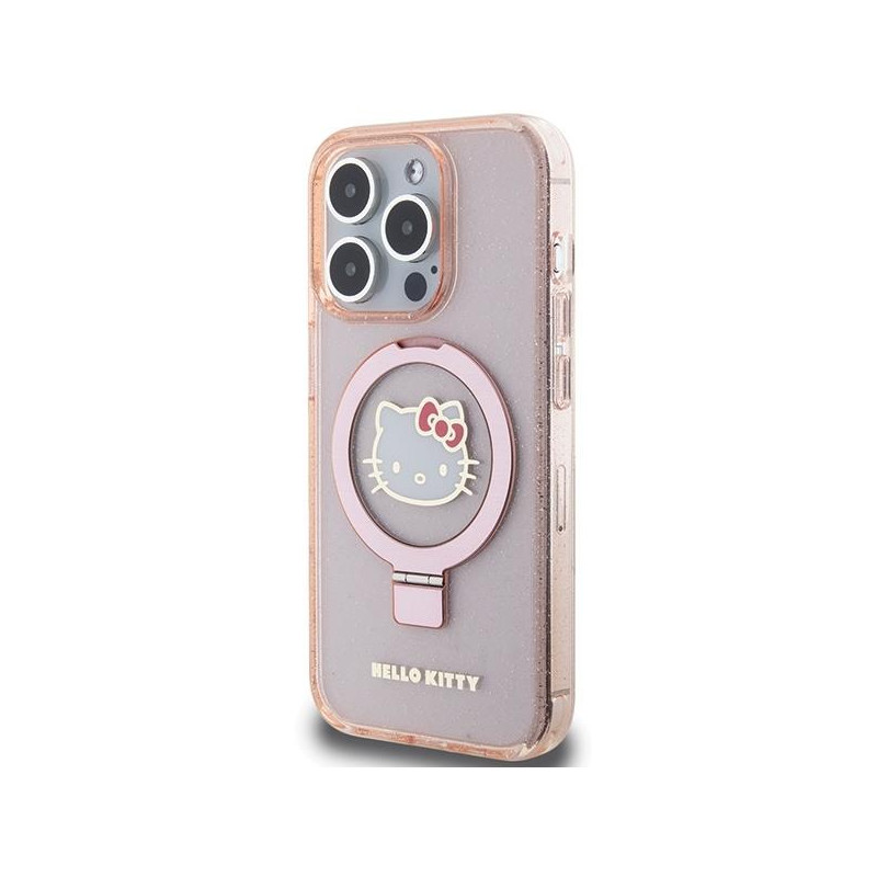 Etui Hello Kitty Ring Stand Glitter Electrop Logo MagSafe na iPhone 15 Pro - różowe