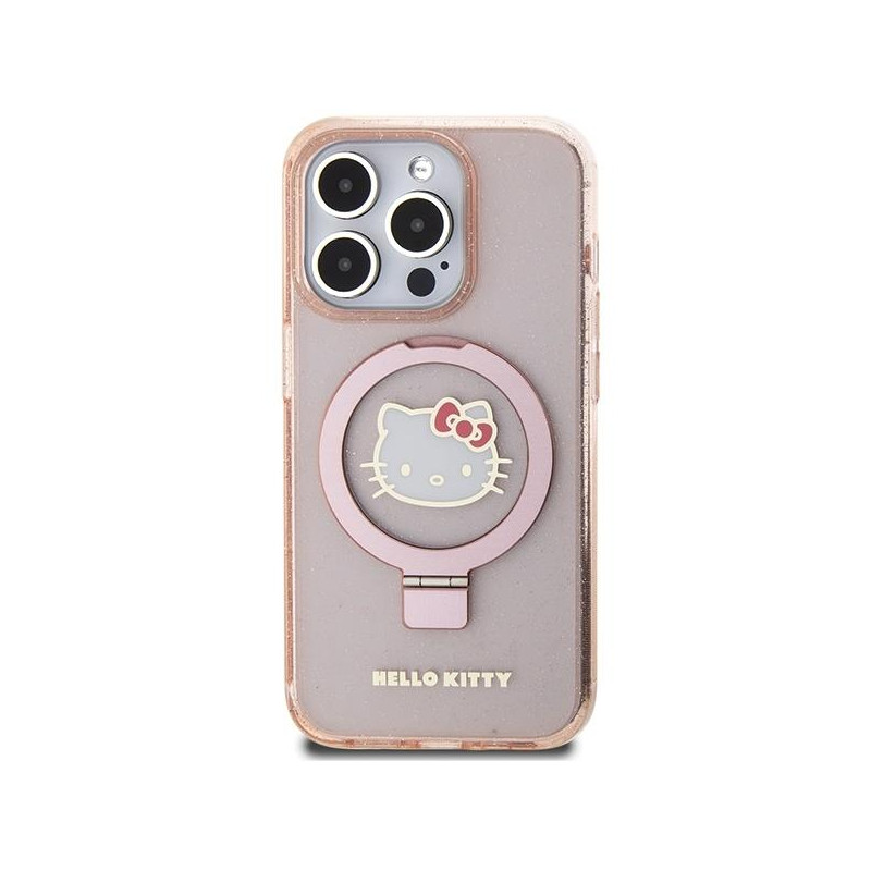 Etui Hello Kitty Ring Stand Glitter Electrop Logo MagSafe na iPhone 15 Pro - różowe