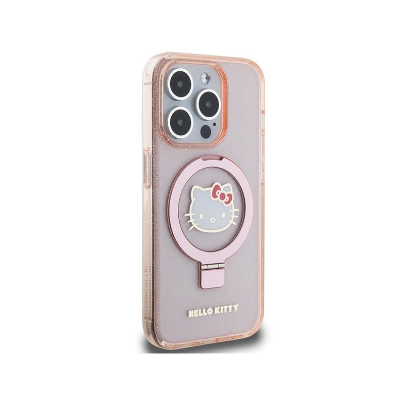 Etui Hello Kitty Ring Stand Glitter Electrop Logo MagSafe na iPhone 15 Pro - różowe