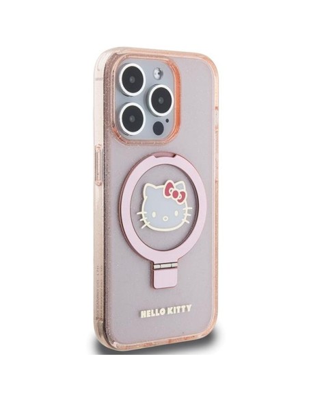 Etui Hello Kitty Ring Stand Glitter Electrop Logo MagSafe na iPhone 15 Pro - różowe Etui Hello Kitty Ring Stand Glitter Electrop Logo MagSafe na iPhone 15 Pro - różowe