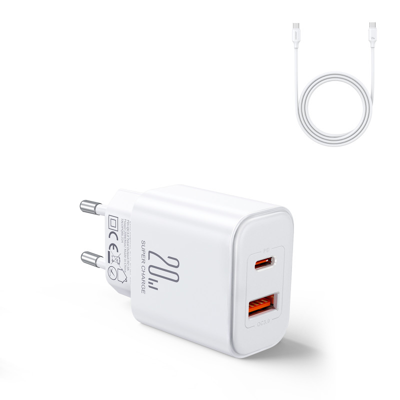 Ładowarka EU Joyroom JR-TCF05 20W USB-A USB-C + kabel USB-C - biała Ładowarka EU Joyroom JR-TCF05 20W USB-A USB-C + kabel USB-C - biała