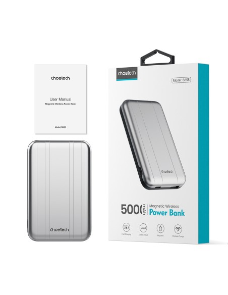 Mini powerbank Choetech B655 indukcyjny MagSafe USB-A / USB-C 5000mAh - srebrny Mini powerbank Choetech B655 indukcyjny MagSafe USB-A / USB-C 5000mAh - srebrny