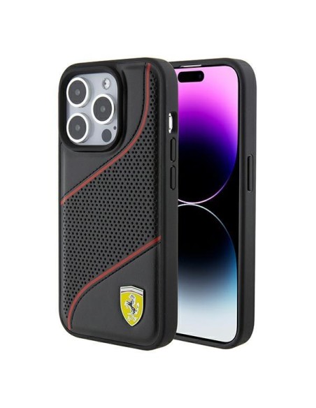 Etui Ferrari Perforated Waves Metal Logo na iPhone 15 Pro - czarne Etui Ferrari Perforated Waves Metal Logo na iPhone 15 Pro - czarne