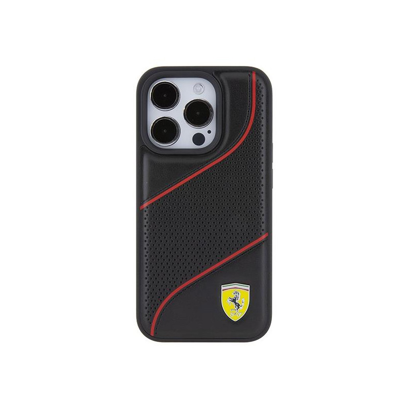 Etui Ferrari Perforated Waves Metal Logo na iPhone 15 Pro - czarne