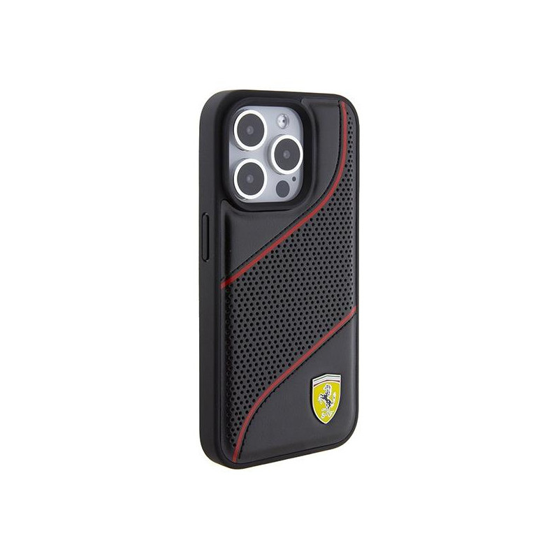 Etui Ferrari Perforated Waves Metal Logo na iPhone 15 Pro - czarne