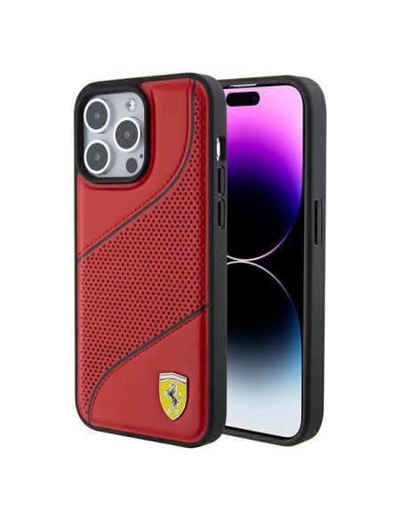 Etui Ferrari Perforated Waves Metal Logo na iPhone 15 Pro - czerwone Etui Ferrari Perforated Waves Metal Logo na iPhone 15 Pro - czerwone