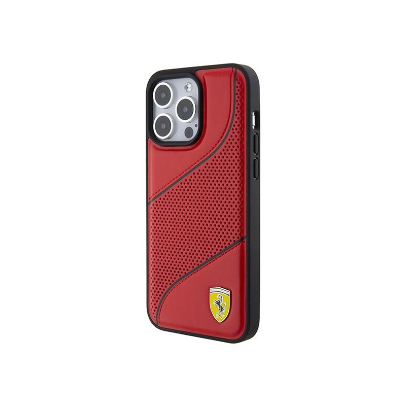 Etui Ferrari Perforated Waves Metal Logo na iPhone 15 Pro - czerwone
