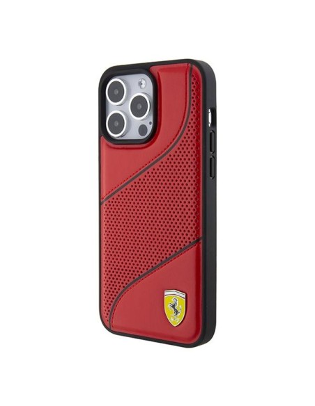 Etui Ferrari Perforated Waves Metal Logo na iPhone 15 Pro - czerwone Etui Ferrari Perforated Waves Metal Logo na iPhone 15 Pro - czerwone