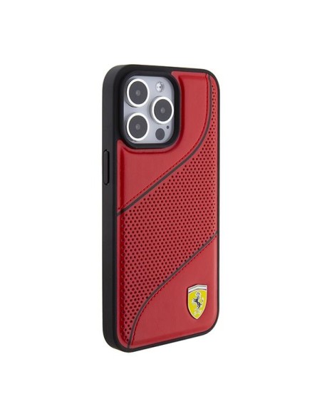 Etui Ferrari Perforated Waves Metal Logo na iPhone 15 Pro - czerwone Etui Ferrari Perforated Waves Metal Logo na iPhone 15 Pro - czerwone