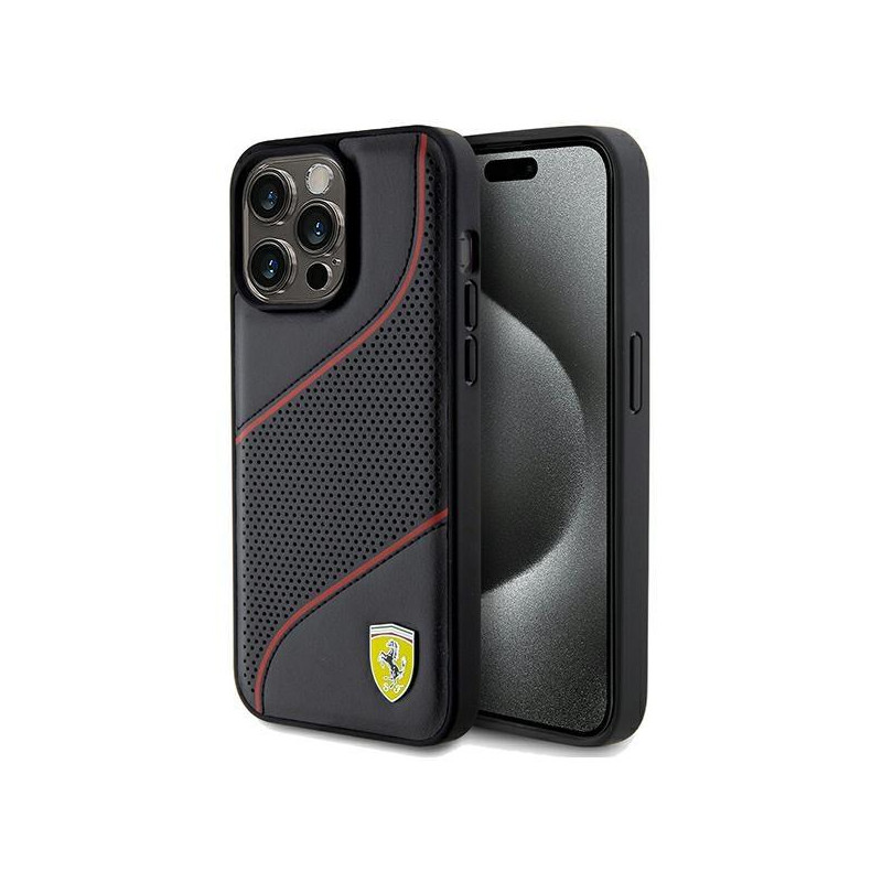 Etui Ferrari Perforated Waves Metal Logo na iPhone 15 Pro Max - czarne