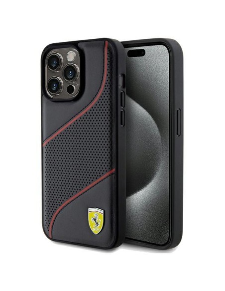 Etui Ferrari Perforated Waves Metal Logo na iPhone 15 Pro Max - czarne Etui Ferrari Perforated Waves Metal Logo na iPhone 15 Pro Max - czarne