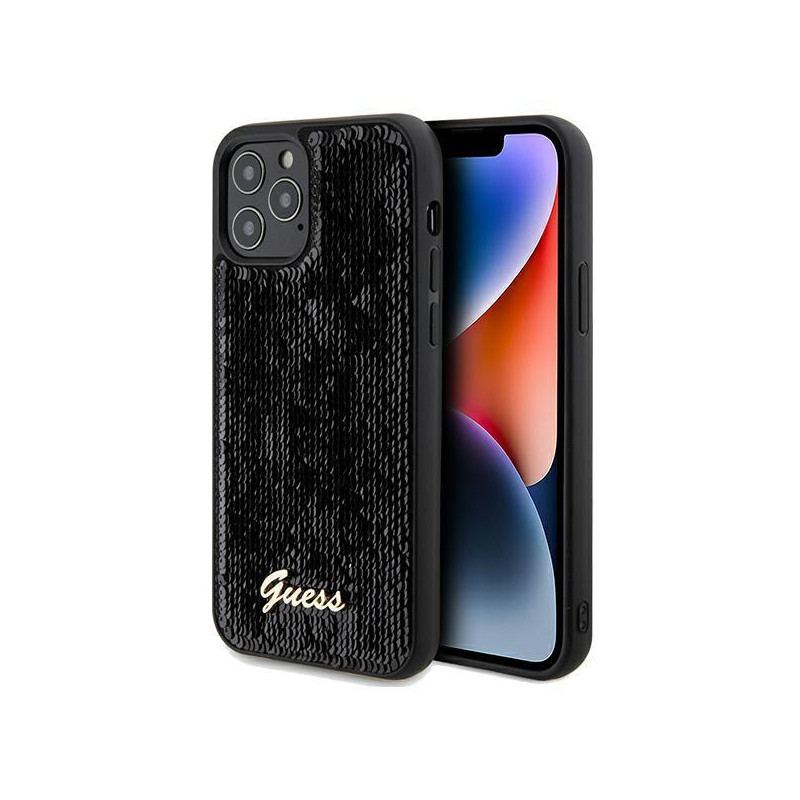Etui Guess Sequin Script Metal na iPhone 12/ 12 Pro - czarne Etui Guess Sequin Script Metal na iPhone 12/ 12 Pro - czarne