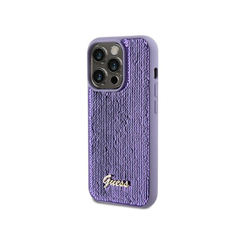 Etui Guess Sequin Script Metal na iPhone 13 Pro Max - fioletowe