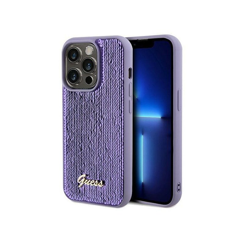 Etui Guess Sequin Script Metal na iPhone 14 Pro - fioletowe Etui Guess Sequin Script Metal na iPhone 14 Pro - fioletowe