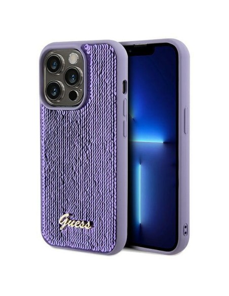 Etui Guess Sequin Script Metal na iPhone 14 Pro - fioletowe