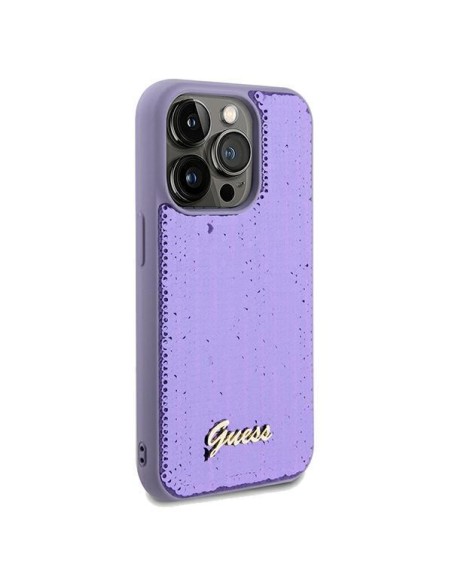 Etui Guess Sequin Script Metal na iPhone 14 Pro - fioletowe