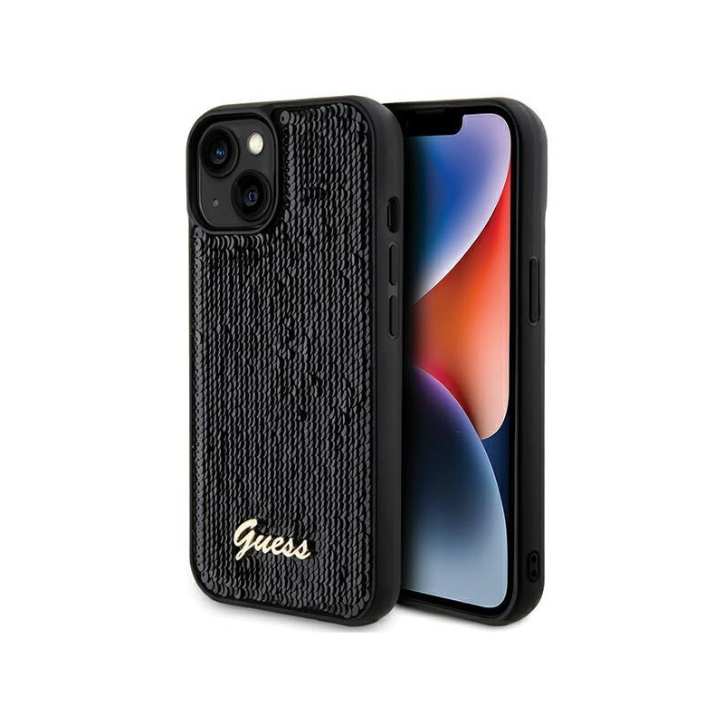 Etui Guess Sequin Script Metal na iPhone 14 / 15 / 13 - czarne Etui Guess Sequin Script Metal na iPhone 14 / 15 / 13 - czarne