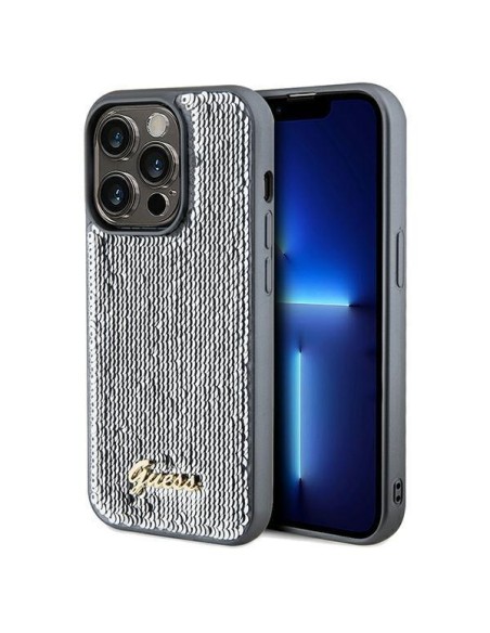 Etui Guess Sequin Script Metal na iPhone 14 Pro Max - srebrne Etui Guess Sequin Script Metal na iPhone 14 Pro Max - srebrne