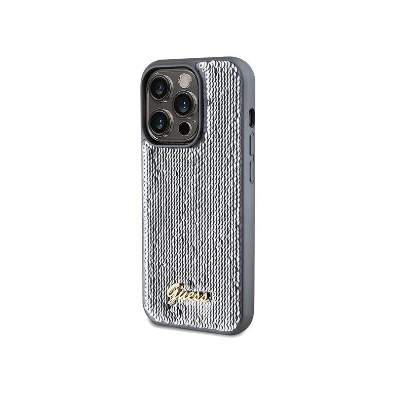 Etui Guess Sequin Script Metal na iPhone 14 Pro Max - srebrne