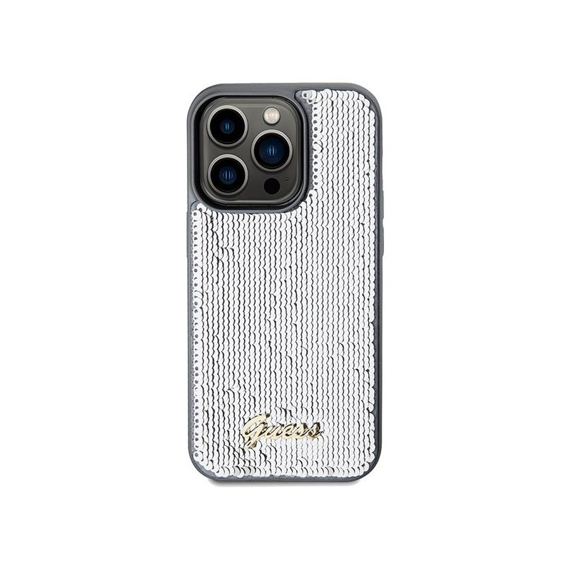 Etui Guess Sequin Script Metal na iPhone 14 Pro Max - srebrne