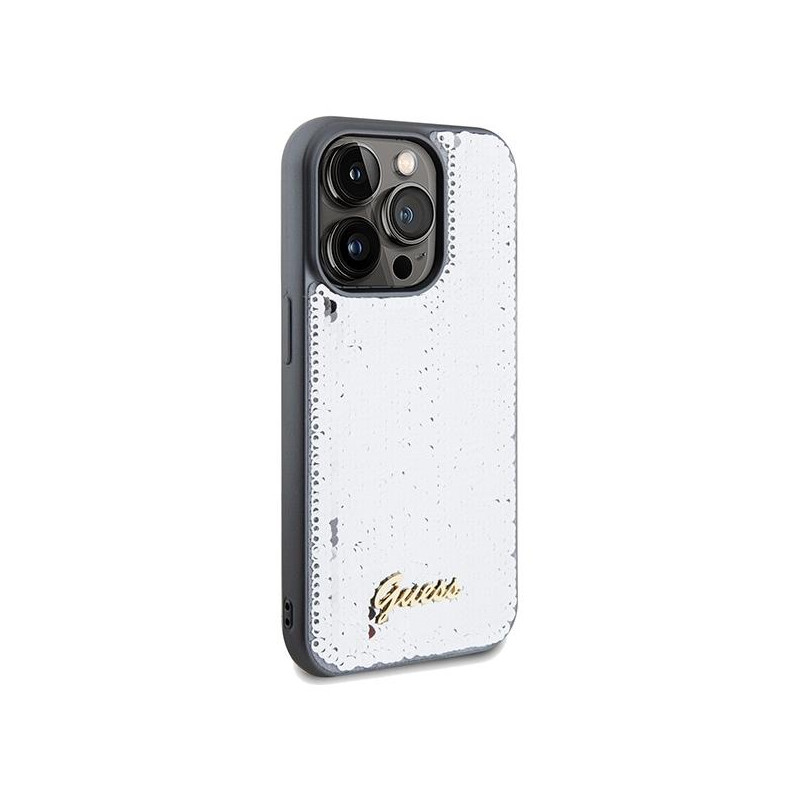 Etui Guess Sequin Script Metal na iPhone 14 Pro Max - srebrne