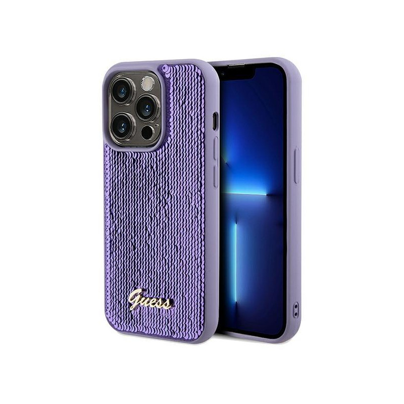 Etui Guess Sequin Script Metal na iPhone 14 Pro Max - fioletowe