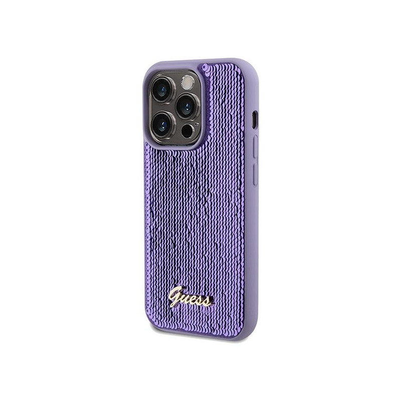 Etui Guess Sequin Script Metal na iPhone 14 Pro Max - fioletowe