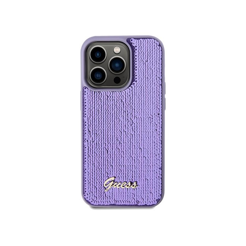 Etui Guess Sequin Script Metal na iPhone 14 Pro Max - fioletowe
