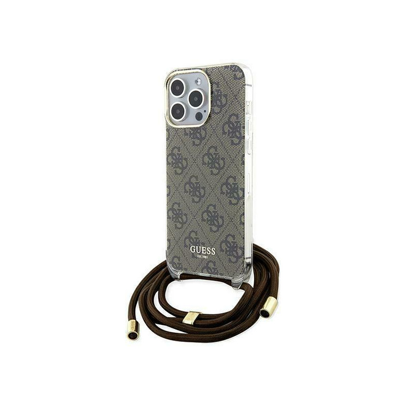 Etui Guess Crossbody Cord 4G Print na iPhone 15 Pro - brązowe Etui Guess Crossbody Cord 4G Print na iPhone 15 Pro - brązowe