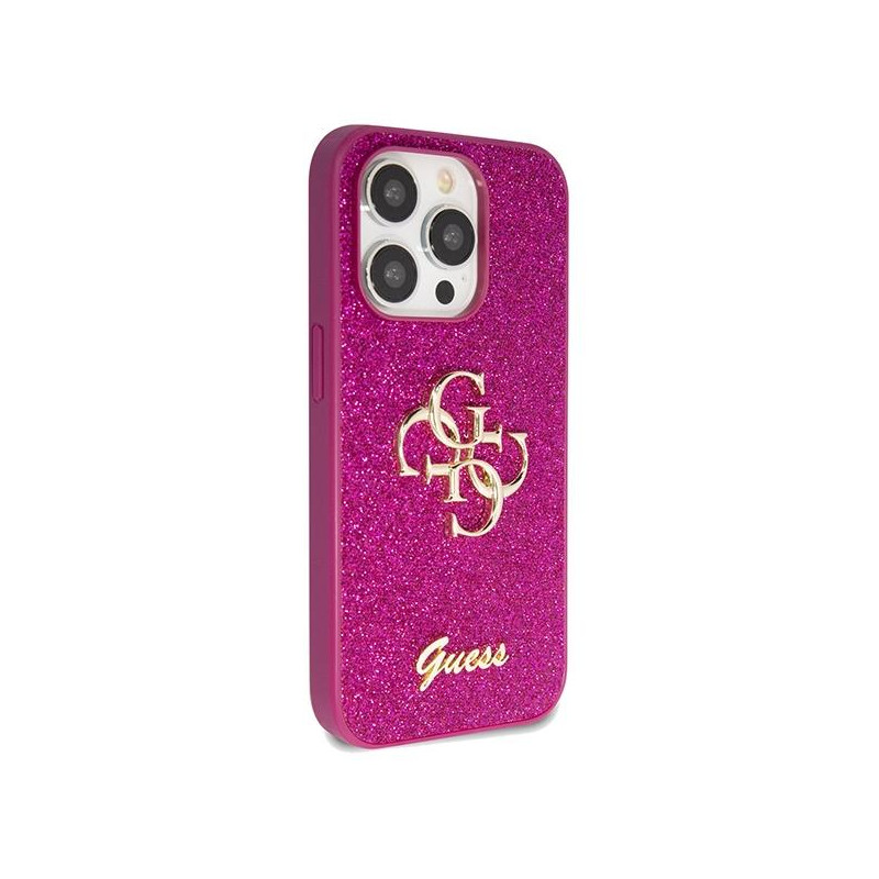 Etui Guess Glitter Script Big 4G na iPhone 15 Pro - fioletowe